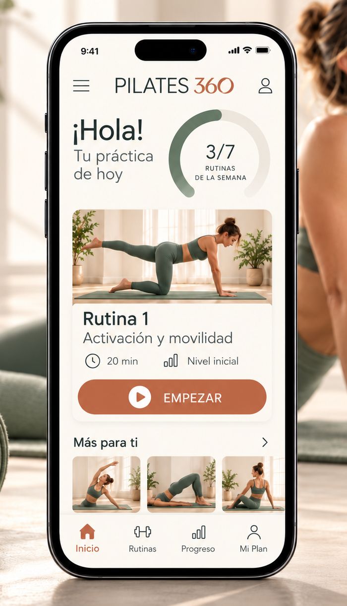 Celular con la app PILATES 360 abierta en la práctica de hoy