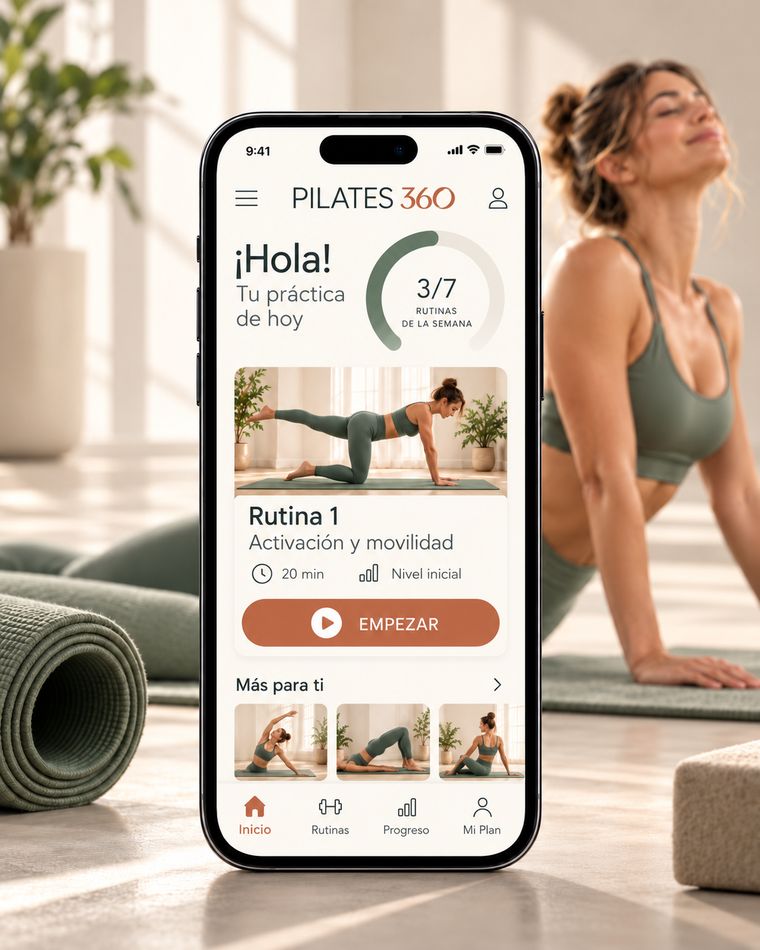 Celular con la app PILATES 360 abierta en la rutina de hoy, sobre colchonetas, con una mujer practicando detrás