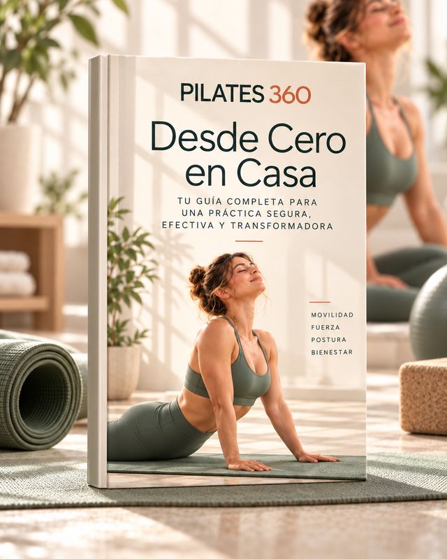 Libro PILATES 360 Desde Cero en Casa apoyado sobre la colchoneta, con una mujer practicando detrás