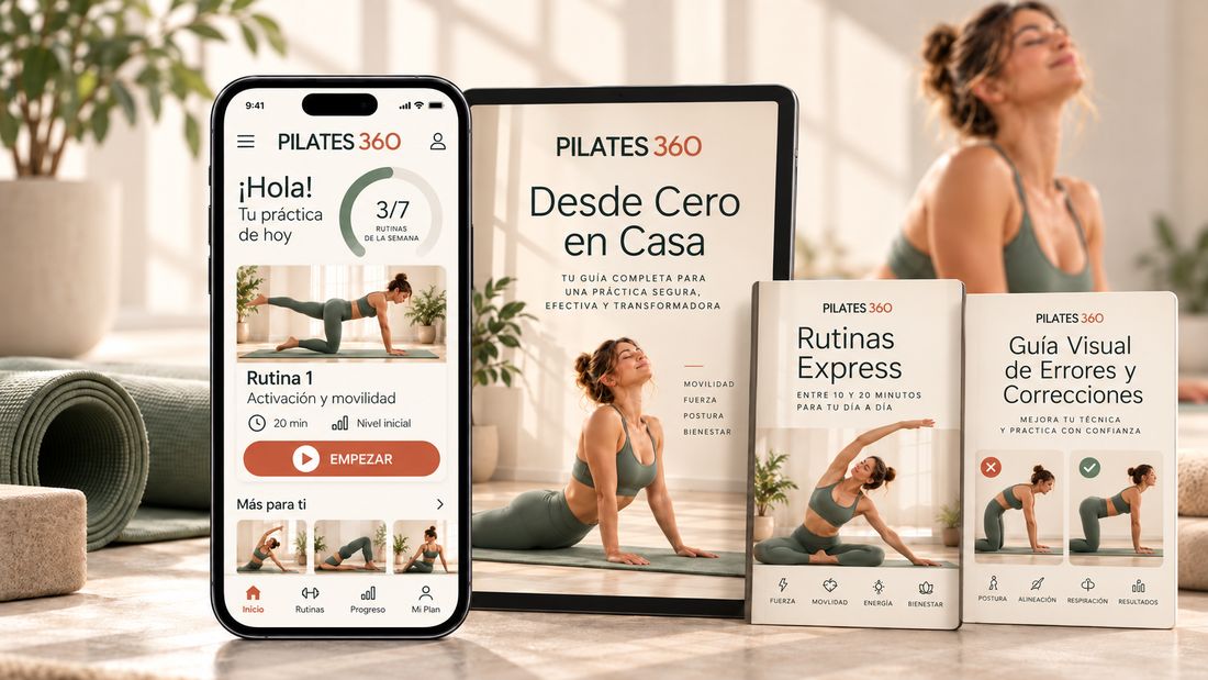 Celular con la app PILATES 360 en la práctica de hoy, tablet con el eBook Desde Cero en Casa y los bonos Rutinas Express y Guía Visual de Errores y Correcciones