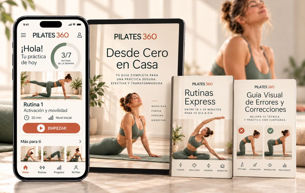 Celular con la app PILATES 360 abierta en la práctica de hoy, tablet con el eBook Desde Cero en Casa y los bonos Rutinas Express y Guía Visual de Errores y Correcciones