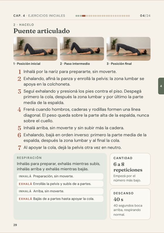 Página 29: ficha 04, Hacelo, con los pasos numerados y la respiración